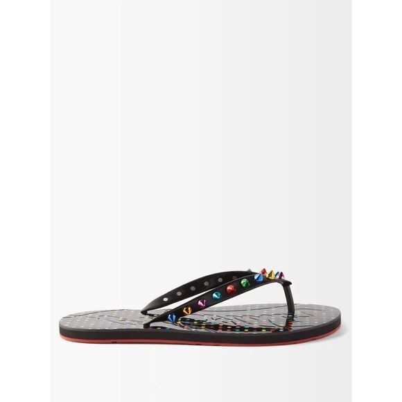 CHRISTIAN LOUBOUTIN Loubi Flip Flop Spikes Donna Flat Black Mix Studded - Picture 1 of 10